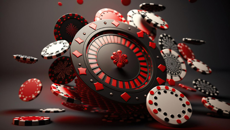ऑनलाइन कैसीनो काले और लाल रंग की विशेषता वाले रूलेट व्हील और कैसीनो चिप्स हैं।